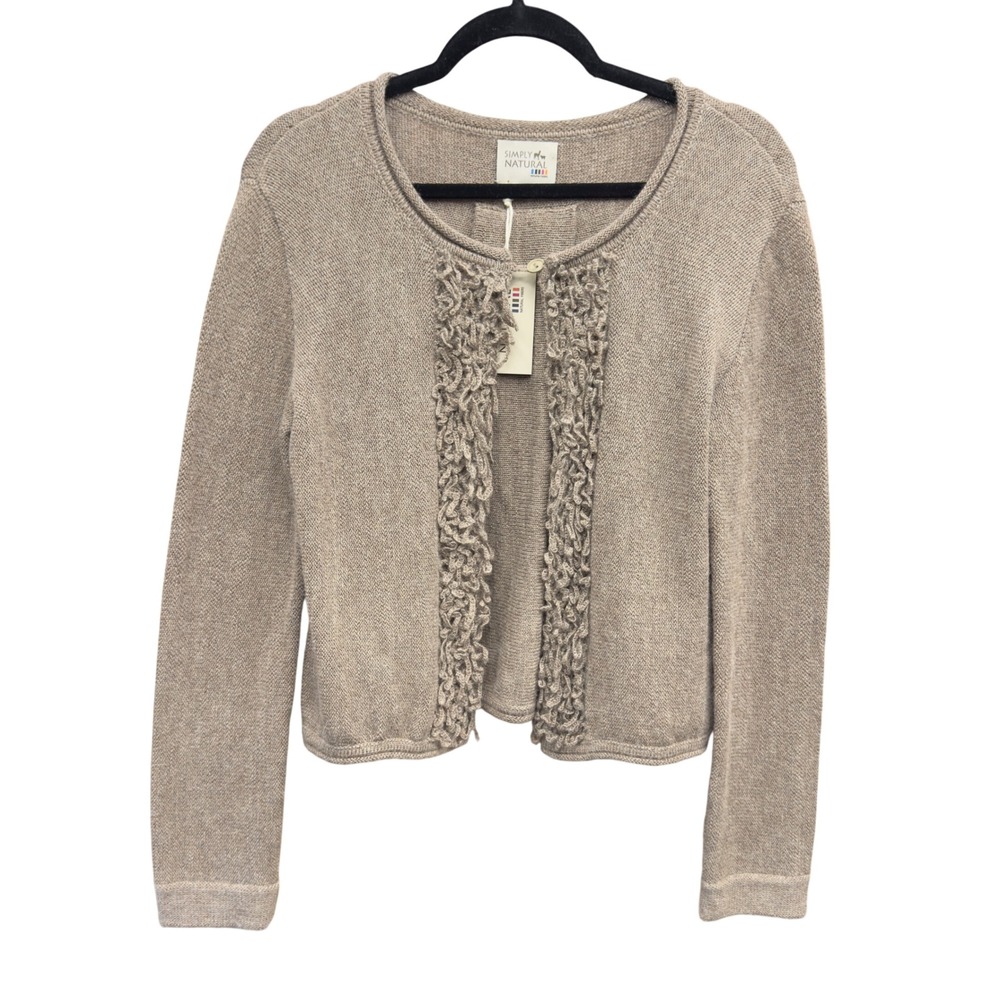 Simply Natural 100% Baby Alpaca Fringe Trim Cardigan Sweater Taupe Brown Peru